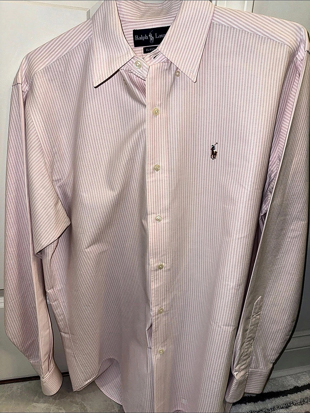 Ralph Lauren Classic Fit Striped Dress Shirt in Pink & White Size Medium